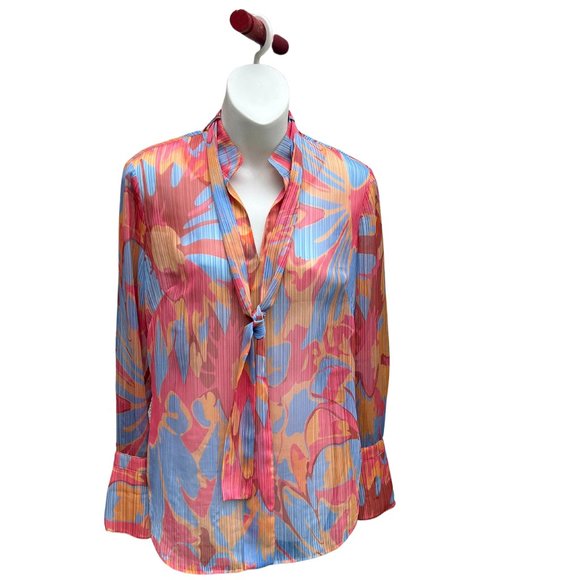 Etcetera Sheer Long Sleeve V-Neck Pullover Abstract Blouse Top Pink/Multi Size 0 - Picture 1 of 12